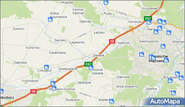 mapa Zawada gmina Tomaszów Mazowiecki, Zawada gmina Tomaszów Mazowiecki na mapie Targeo
