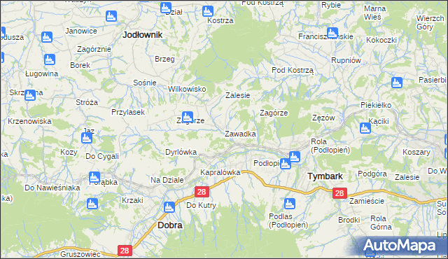 mapa Zawadka gmina Tymbark, Zawadka gmina Tymbark na mapie Targeo