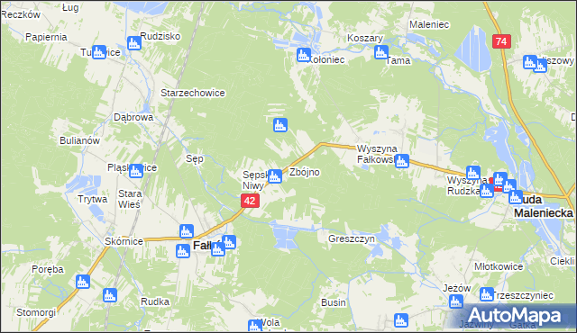 mapa Zbójno gmina Fałków, Zbójno gmina Fałków na mapie Targeo