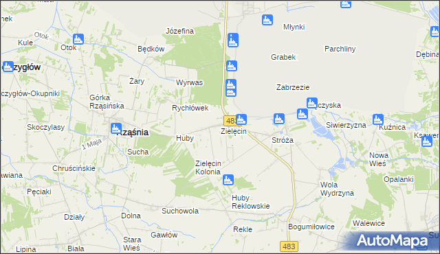 mapa Zielęcin gmina Rząśnia, Zielęcin gmina Rząśnia na mapie Targeo