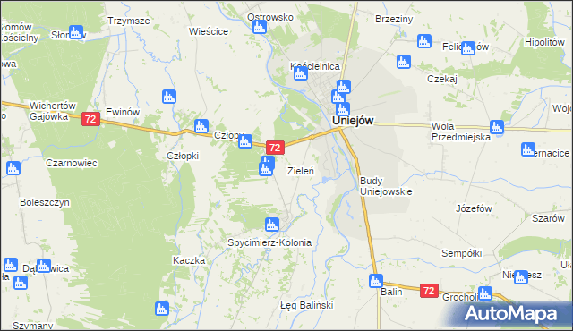 mapa Zieleń gmina Uniejów, Zieleń gmina Uniejów na mapie Targeo