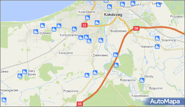 mapa Zieleniewo gmina Kołobrzeg, Zieleniewo gmina Kołobrzeg na mapie Targeo