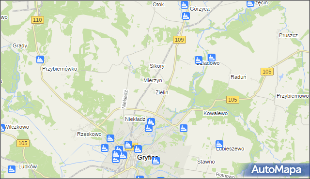 mapa Zielin gmina Gryfice, Zielin gmina Gryfice na mapie Targeo