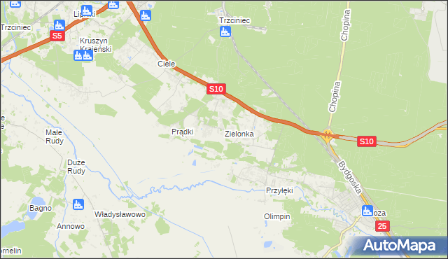 mapa Zielonka gmina Białe Błota, Zielonka gmina Białe Błota na mapie Targeo