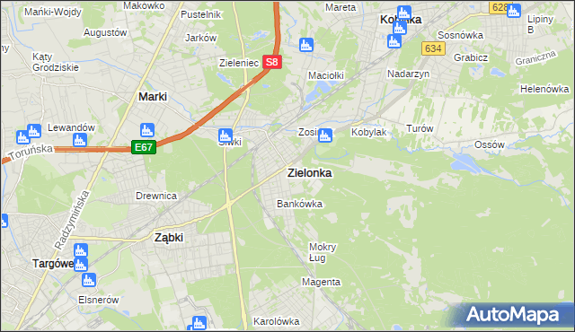 mapa Zielonka powiat wołomiński, Zielonka powiat wołomiński na mapie Targeo