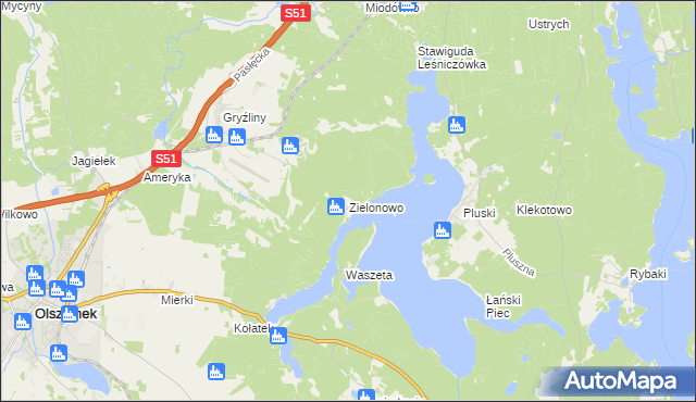 mapa Zielonowo gmina Stawiguda, Zielonowo gmina Stawiguda na mapie Targeo