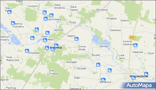 mapa Zimna Woda gmina Krzywda, Zimna Woda gmina Krzywda na mapie Targeo