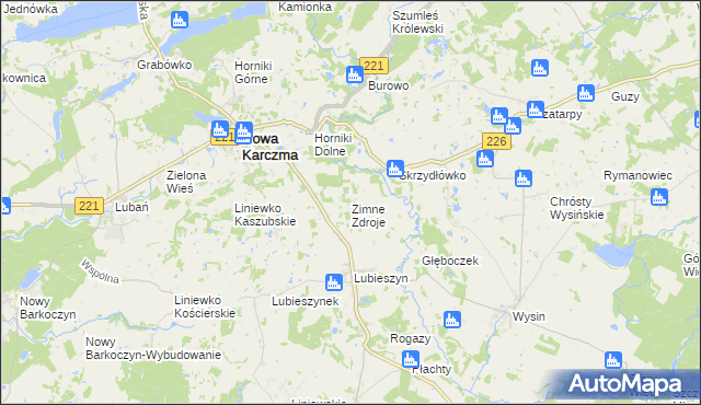 mapa Zimne Zdroje gmina Nowa Karczma, Zimne Zdroje gmina Nowa Karczma na mapie Targeo