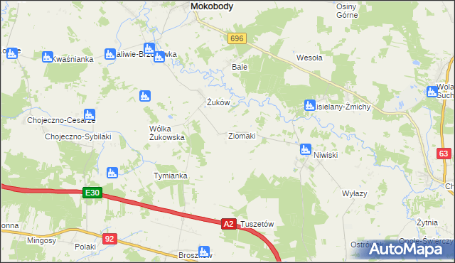 mapa Ziomaki gmina Mokobody, Ziomaki gmina Mokobody na mapie Targeo