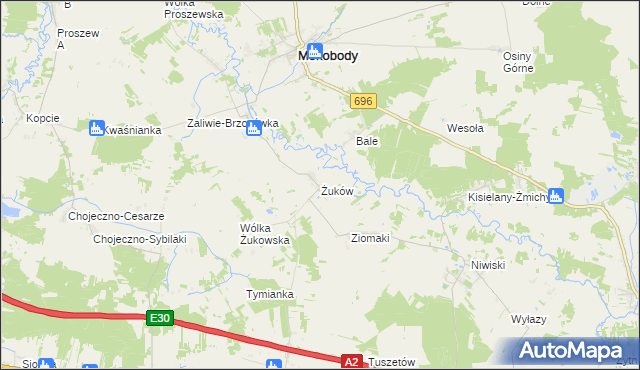 mapa Żuków gmina Mokobody, Żuków gmina Mokobody na mapie Targeo