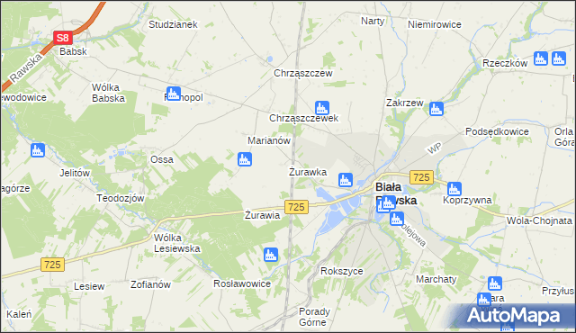 mapa Żurawka gmina Biała Rawska, Żurawka gmina Biała Rawska na mapie Targeo