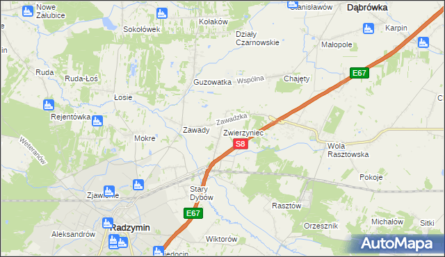 mapa Zwierzyniec gmina Radzymin, Zwierzyniec gmina Radzymin na mapie Targeo