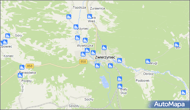 mapa Zwierzyniec powiat zamojski, Zwierzyniec powiat zamojski na mapie Targeo