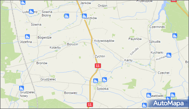 mapa Żychlin gmina Gołuchów, Żychlin gmina Gołuchów na mapie Targeo