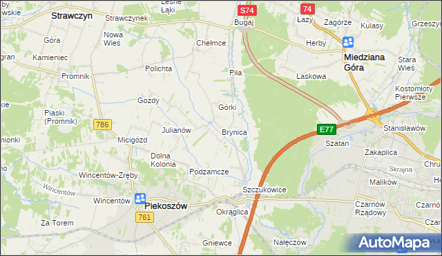 mapa Brynica gmina Piekoszów, Brynica gmina Piekoszów na mapie Targeo