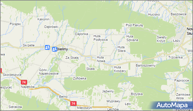 mapa Huta Nowa gmina Bieliny, Huta Nowa gmina Bieliny na mapie Targeo