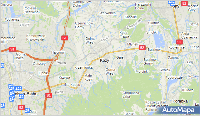 mapa Kozy powiat bielski, Kozy powiat bielski na mapie Targeo