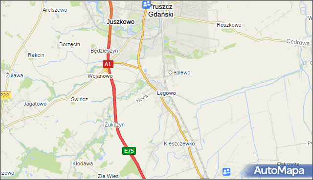 mapa Łęgowo gmina Pruszcz Gdański, Łęgowo gmina Pruszcz Gdański na mapie Targeo