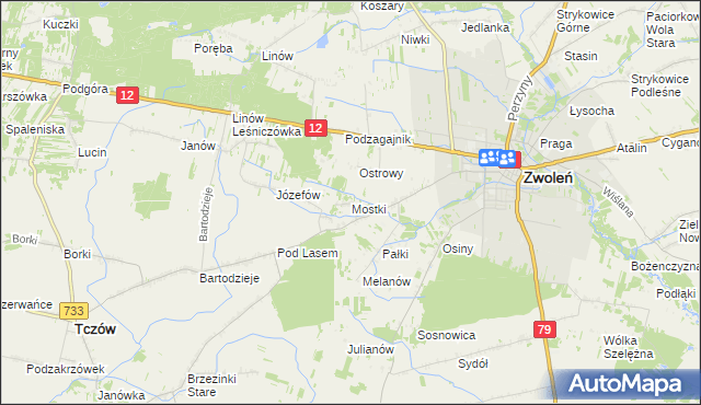 mapa Mostki gmina Zwoleń, Mostki gmina Zwoleń na mapie Targeo