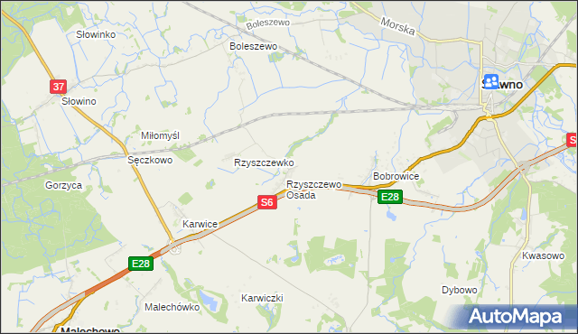 mapa Rzyszczewo gmina Sławno, Rzyszczewo gmina Sławno na mapie Targeo