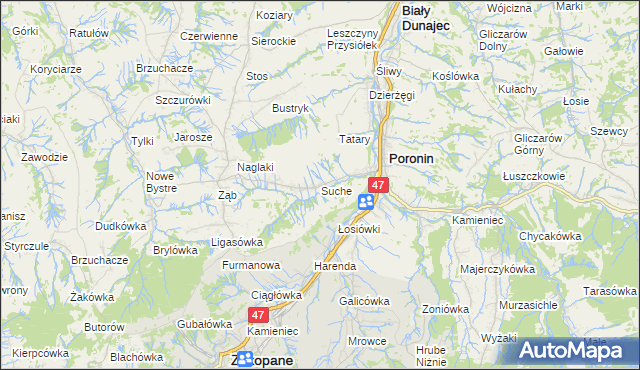 mapa Suche gmina Poronin, Suche gmina Poronin na mapie Targeo