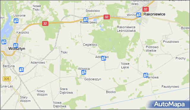 mapa Adolfowo gmina Rakoniewice, Adolfowo gmina Rakoniewice na mapie Targeo