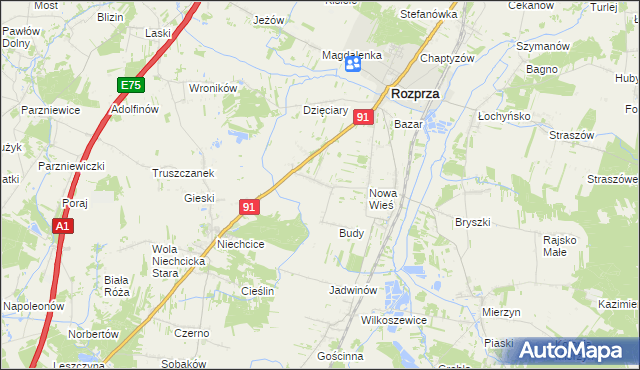 mapa Białocin gmina Rozprza, Białocin gmina Rozprza na mapie Targeo