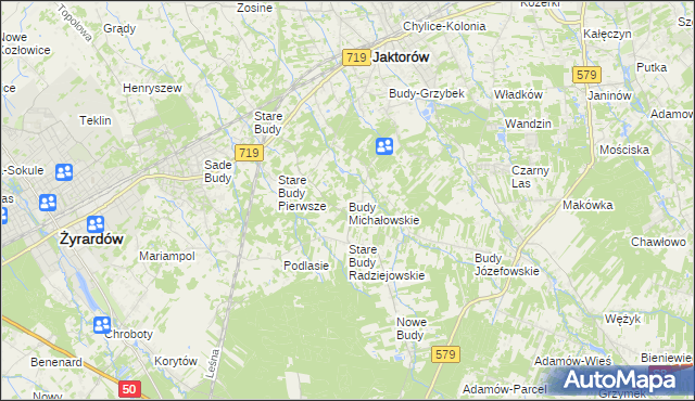 mapa Budy Michałowskie gmina Jaktorów, Budy Michałowskie gmina Jaktorów na mapie Targeo