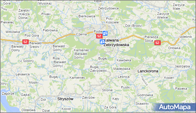 mapa Bugaj gmina Kalwaria Zebrzydowska, Bugaj gmina Kalwaria Zebrzydowska na mapie Targeo