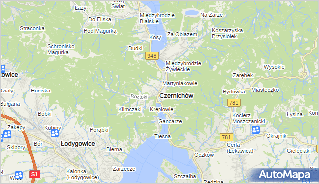 mapa Czernichów powiat żywiecki, Czernichów powiat żywiecki na mapie Targeo