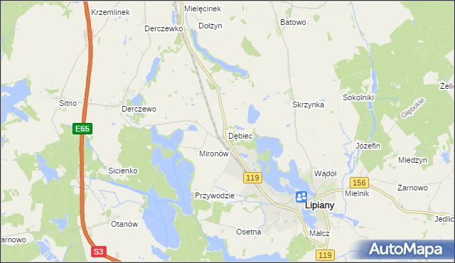 mapa Dębiec gmina Lipiany, Dębiec gmina Lipiany na mapie Targeo