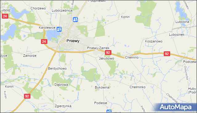 mapa Jakubowo gmina Pniewy, Jakubowo gmina Pniewy na mapie Targeo