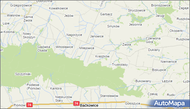 mapa Kraszków gmina Waśniów, Kraszków gmina Waśniów na mapie Targeo