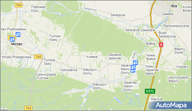 mapa Krzewa gmina Mirzec, Krzewa gmina Mirzec na mapie Targeo