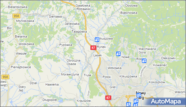 mapa Lasek gmina Nowy Targ, Lasek gmina Nowy Targ na mapie Targeo