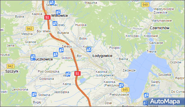 mapa Łodygowice powiat żywiecki, Łodygowice powiat żywiecki na mapie Targeo