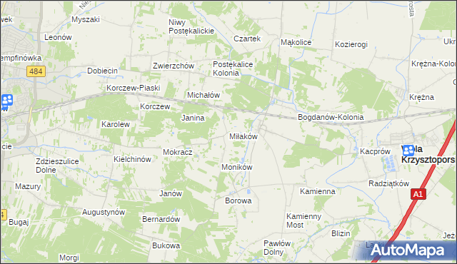 mapa Miłaków gmina Wola Krzysztoporska, Miłaków gmina Wola Krzysztoporska na mapie Targeo