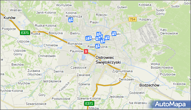 mapa Ostrowiec Świętokrzyski, Ostrowiec Świętokrzyski na mapie Targeo