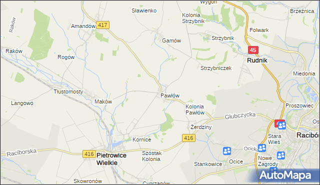 mapa Pawłów gmina Pietrowice Wielkie, Pawłów gmina Pietrowice Wielkie na mapie Targeo