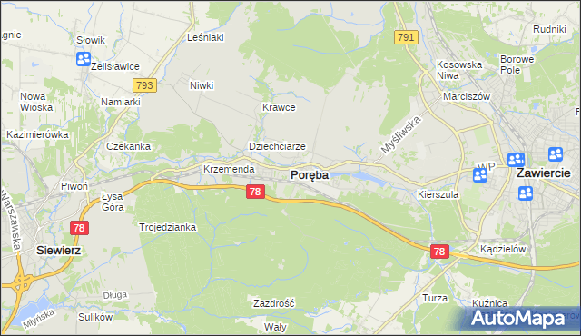 mapa Poręba powiat zawierciański, Poręba powiat zawierciański na mapie Targeo