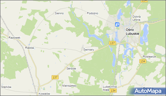 mapa Świniary gmina Ośno Lubuskie, Świniary gmina Ośno Lubuskie na mapie Targeo