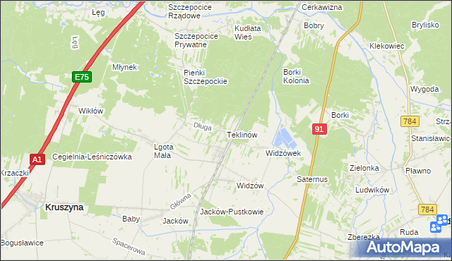 mapa Teklinów gmina Kruszyna, Teklinów gmina Kruszyna na mapie Targeo