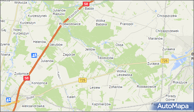 mapa Teodozjów gmina Biała Rawska, Teodozjów gmina Biała Rawska na mapie Targeo