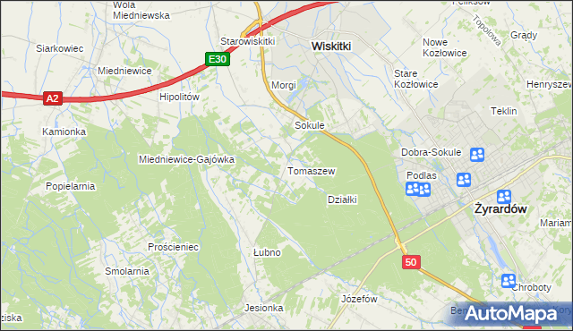 mapa Tomaszew gmina Wiskitki, Tomaszew gmina Wiskitki na mapie Targeo