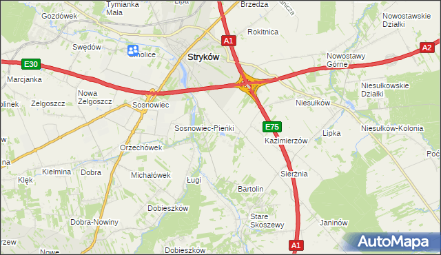 mapa Warszewice gmina Stryków, Warszewice gmina Stryków na mapie Targeo
