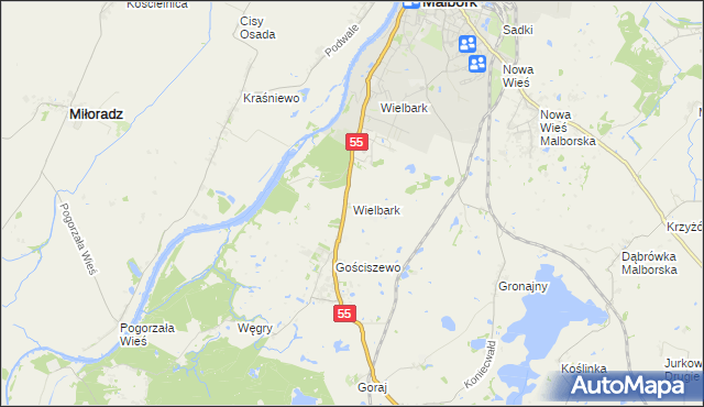 mapa Wielbark gmina Malbork, Wielbark gmina Malbork na mapie Targeo