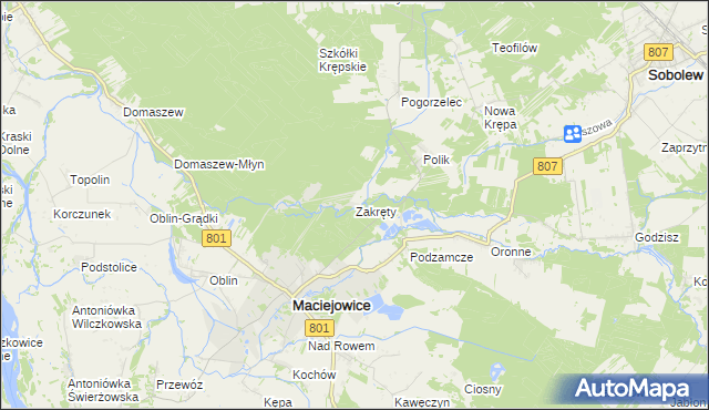 mapa Zakręty gmina Maciejowice, Zakręty gmina Maciejowice na mapie Targeo