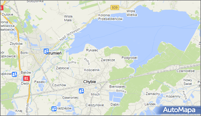 mapa Zarzecze gmina Chybie, Zarzecze gmina Chybie na mapie Targeo