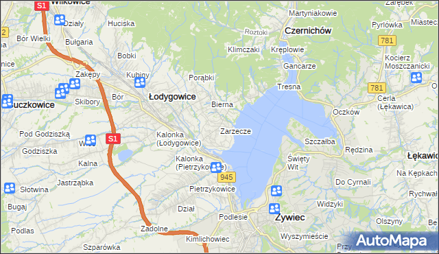 mapa Zarzecze gmina Łodygowice, Zarzecze gmina Łodygowice na mapie Targeo