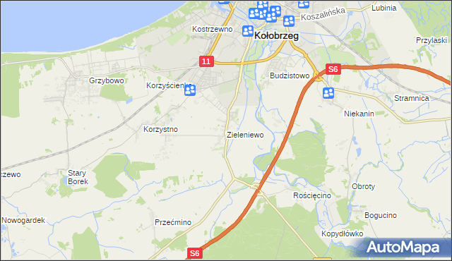 mapa Zieleniewo gmina Kołobrzeg, Zieleniewo gmina Kołobrzeg na mapie Targeo